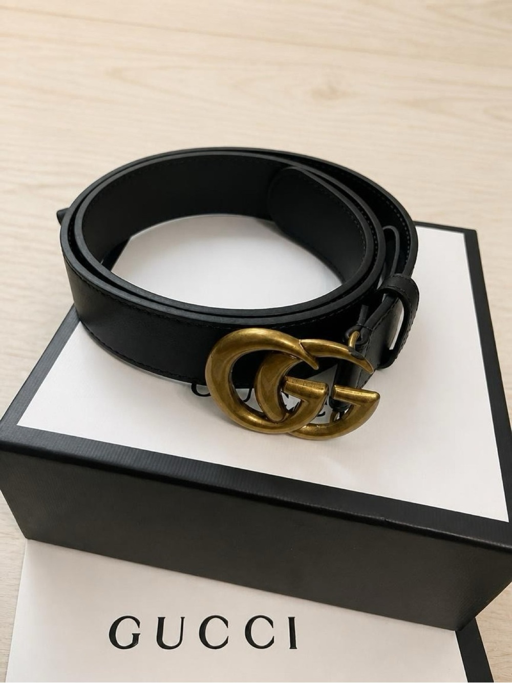 GG Black Leather Belt with Gold Buckle